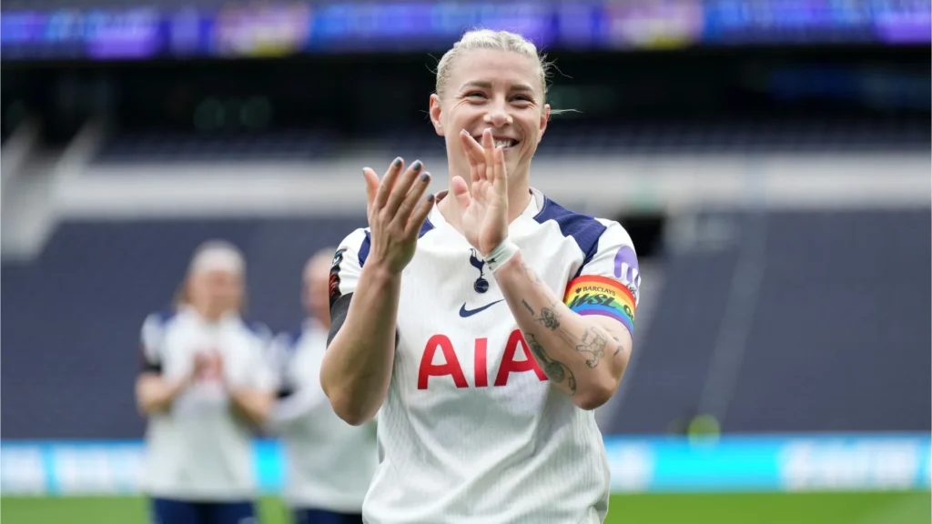 Bethany England clapping Spurs fans at the Tottenham Hotspur Stadium. Beth England is leaving the club at the end of the season